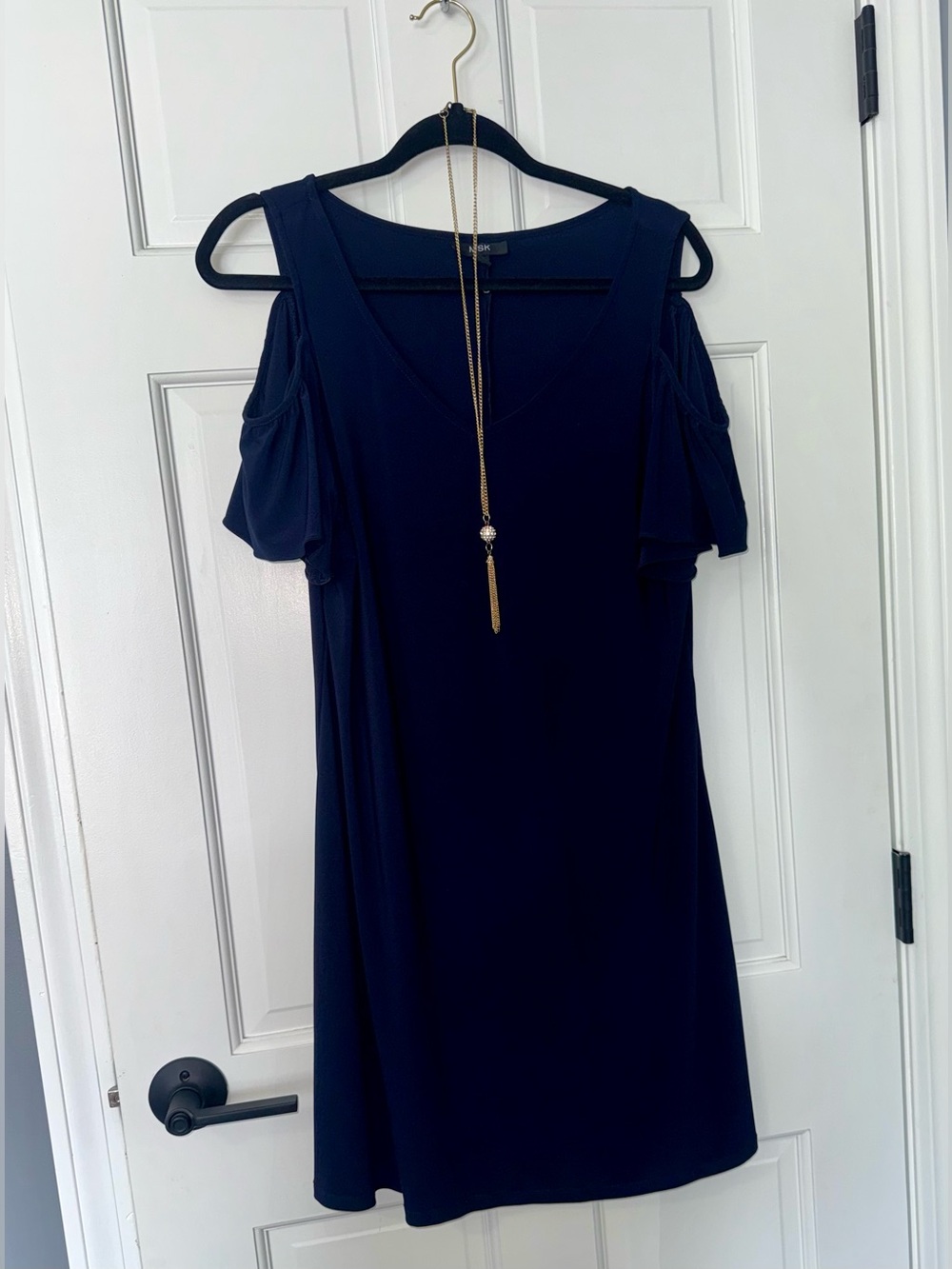 Navy Cold-Shoulder V-Neck Tunic with Ruffle Sleeves